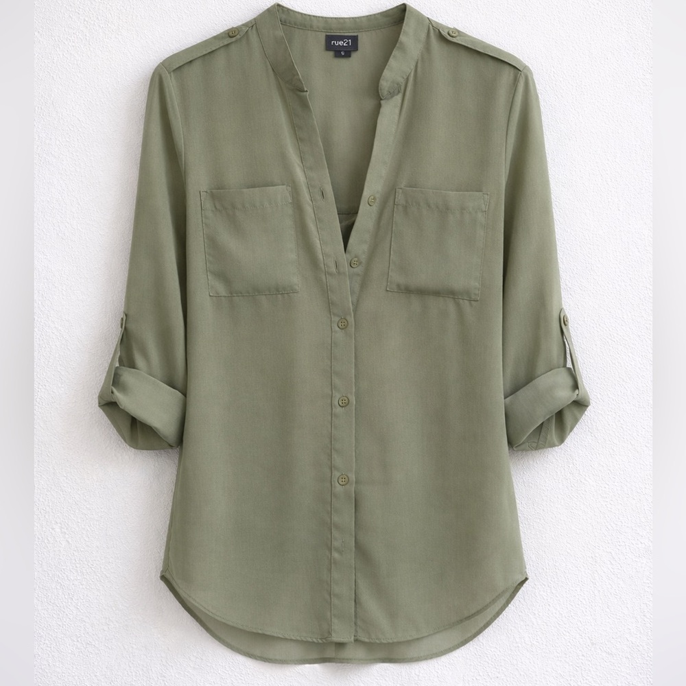 Rue21 Moss Green Semi-Sheer Button Down Blouse Small Utility Roll Tab Sleeve